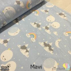 Uykucu Ay ve Tepeler Desenli Poplin Kumaş