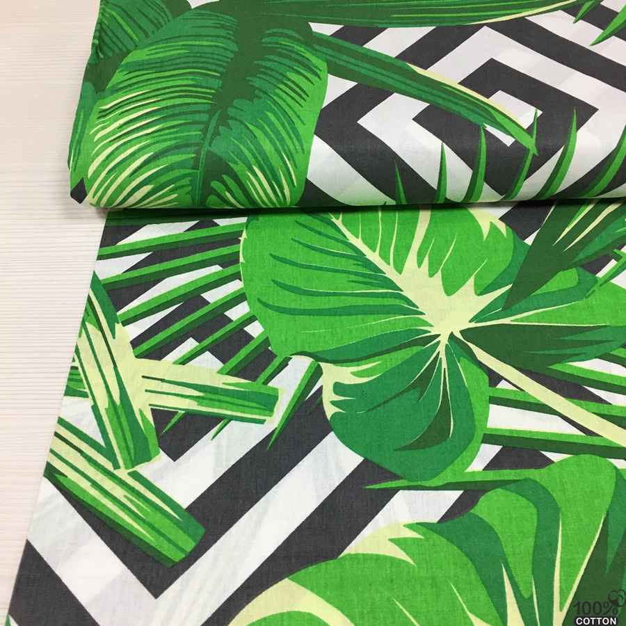 Büyük Botanik Yaprak Desenli Nevresimlik Poplin Kumaş