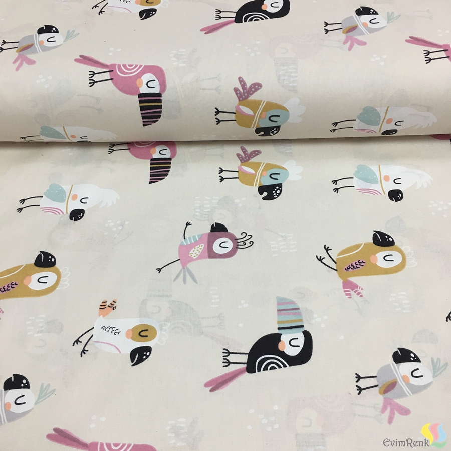 %100 Pamuk Kuş Desenli Nevresimlik Kumaş - Görsel 3