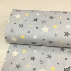 Gri Zemin Yıldız %100 Pamuk Nevresimlik Poplin Kumaş