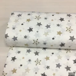 Beyaz Zemin Bej Yıldız %100 Pamuk Nevresimlik Poplin Kumaş