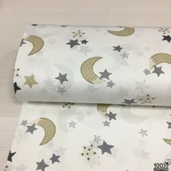 Beyaz Zemin Bej Ay %100 Pamuk Nevresimlik Poplin Kumaş