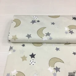 Bej Zemin Ay Yıldız %100 Pamuk Nevresimlik Poplin Kumaş