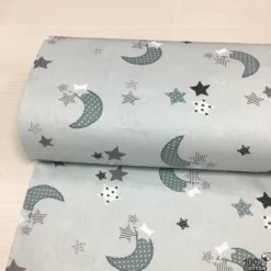 Mint Zemin Ay Yıldız %100 Pamuk Nevresimlik Poplin Kumaş