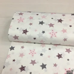 Beyaz Zemin Pudra Yıldız %100 Pamuk Nevresimlik Poplin Kumaş