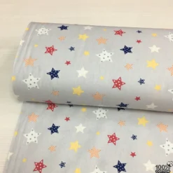 Gri Zemin Renkli Yıldız %100 Pamuk Nevresimlik Poplin Kumaş