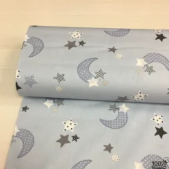 Mavi Zemin Ay Yıldız %100 Pamuk Nevresimlik Poplin Kumaş