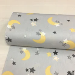 Gri Zemin Ay Yıldız %100 Pamuk Nevresimlik Poplin Kumaş