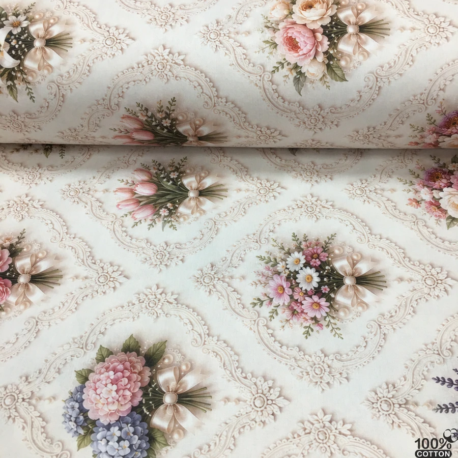 Floral & Damask %100 Pamuk Dijital Baskı Poplin Kumaş - Görsel 3