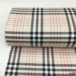 Bej Zeminli Siyah-Kırmızı Ekose Desen Poplin Kumaş